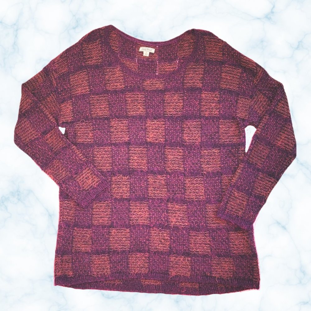 Lucky Brand Check Purple Orange Gold Shimmer Fuzzy Knit Checked Sweater Sz Large